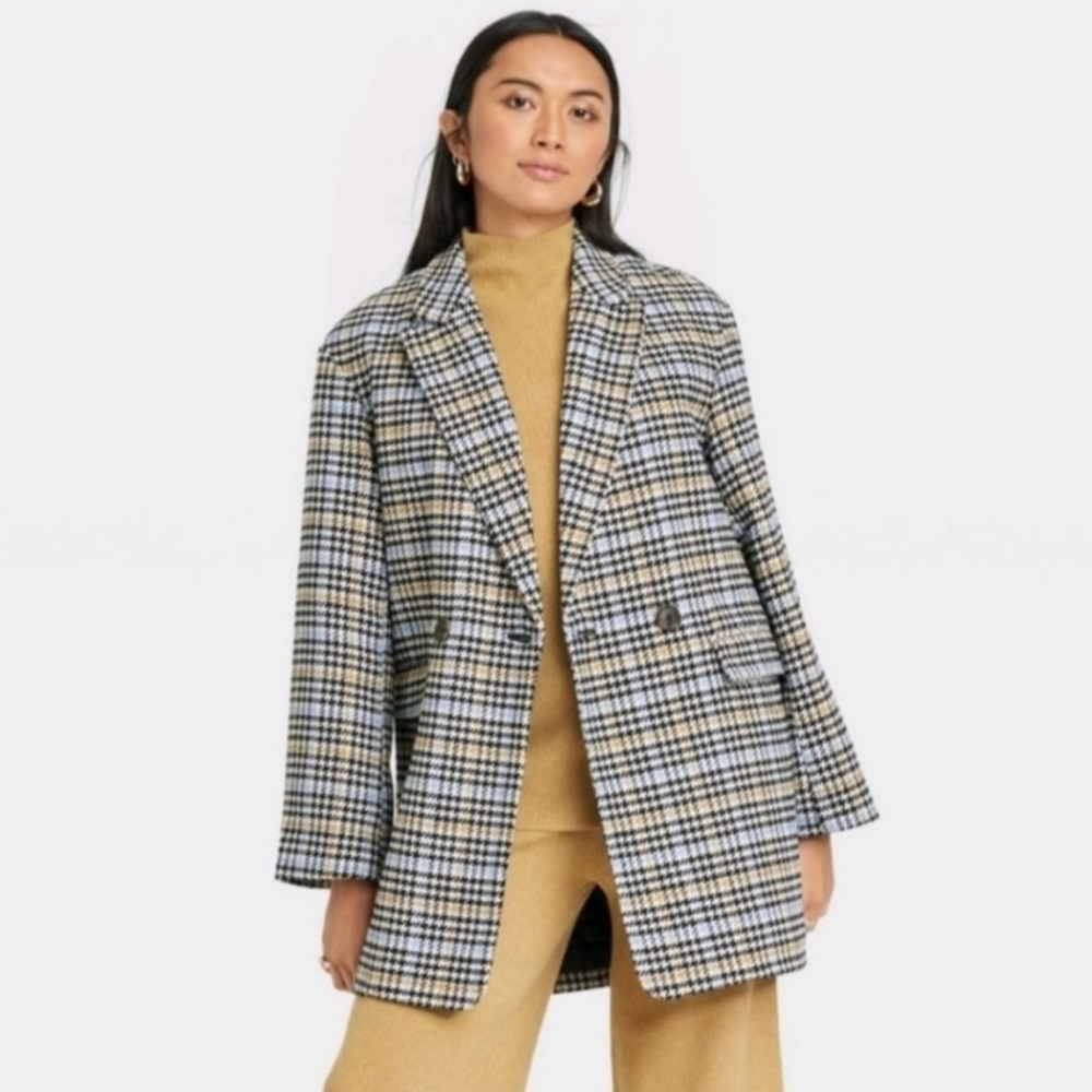 A New Day Women's Houndstooth Blue Plaid Oversized Blazer Trench Coat -- Large